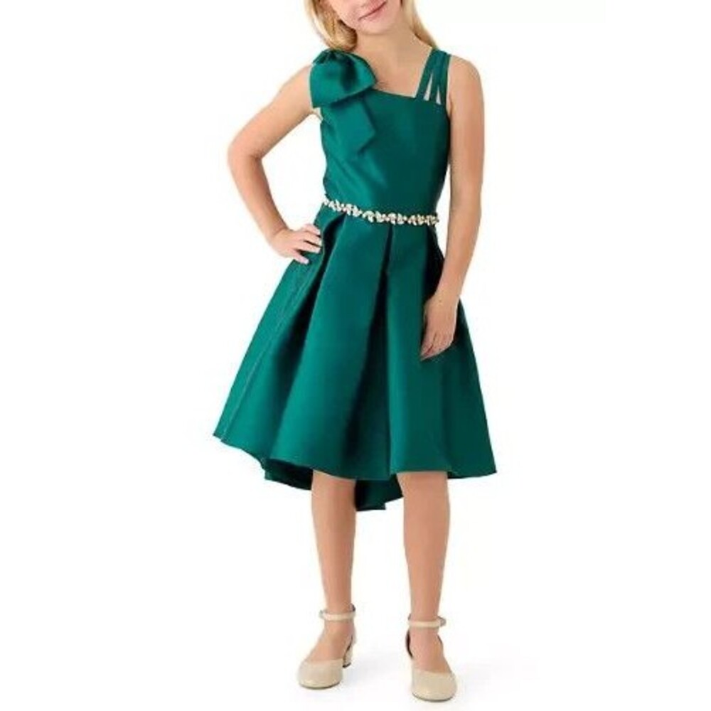 C1 Rare Editions Girls' Green Mikado One-Shoulder Hi-Low Dress Size 10